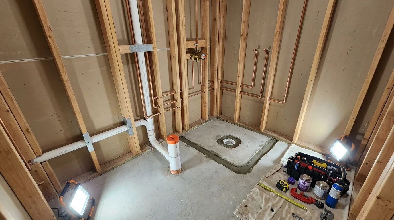 Bathroom rough-in plumbing during remodel by Johns Plumbing LLC in Ruskin