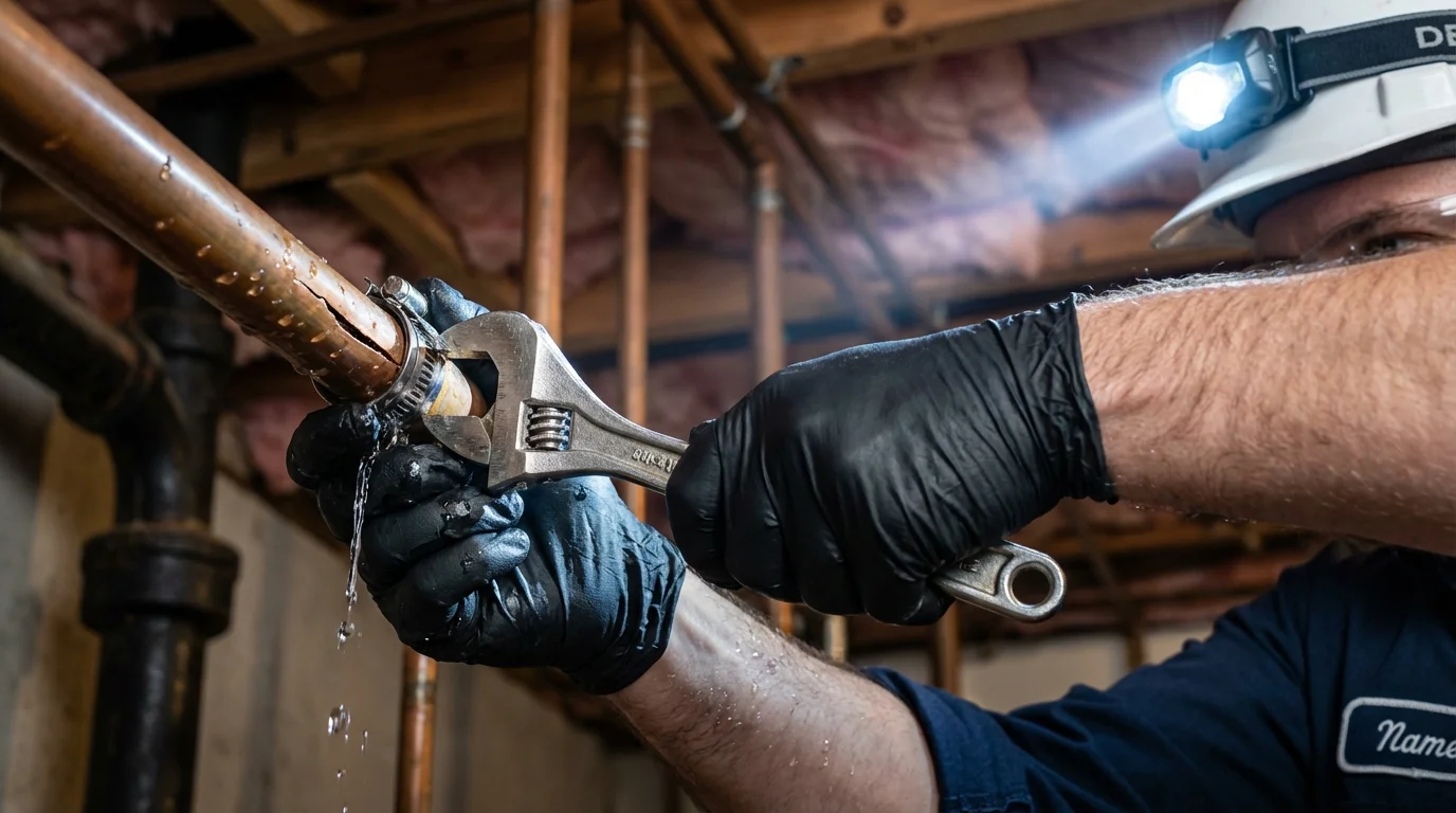 Emergency pipe clamp repair being performed by a Johns Plumbing LLC plumber in Ruskin