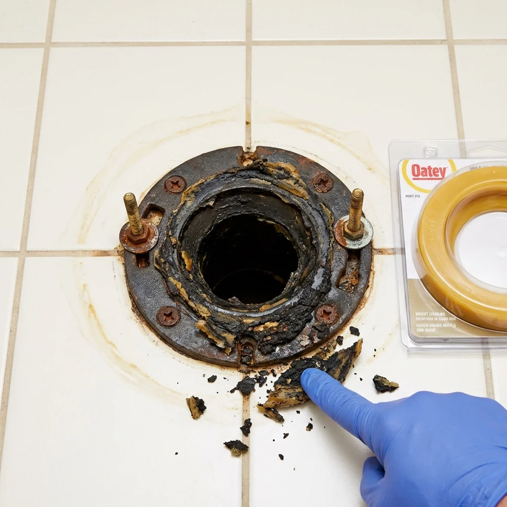 Failed wax ring showing water seepage at the base of a toilet in a Ruskin, FL home